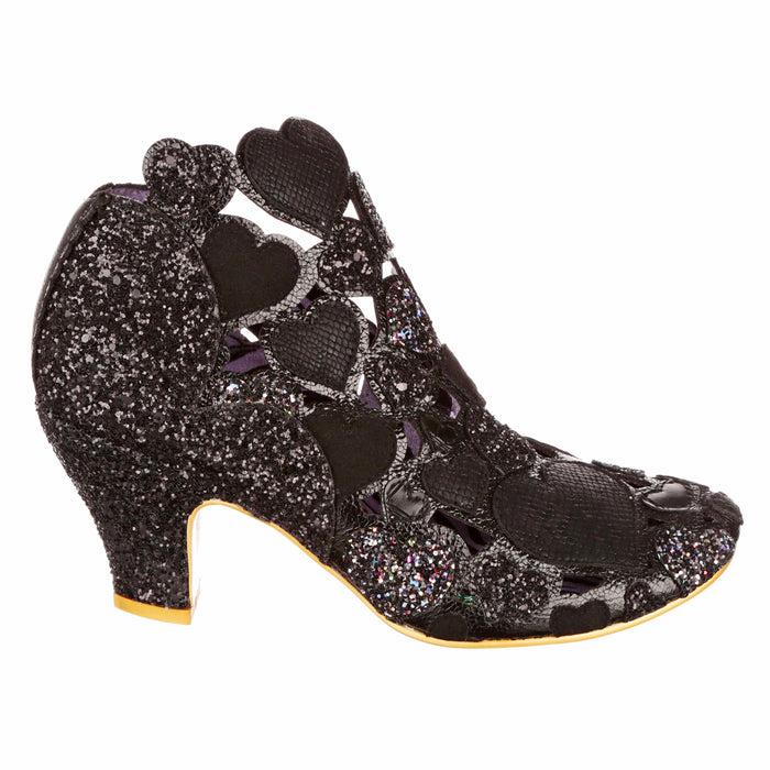 Irregular Choice Black Glitter Heart Cut Out Slip On Mid Heel Shoes | Meile