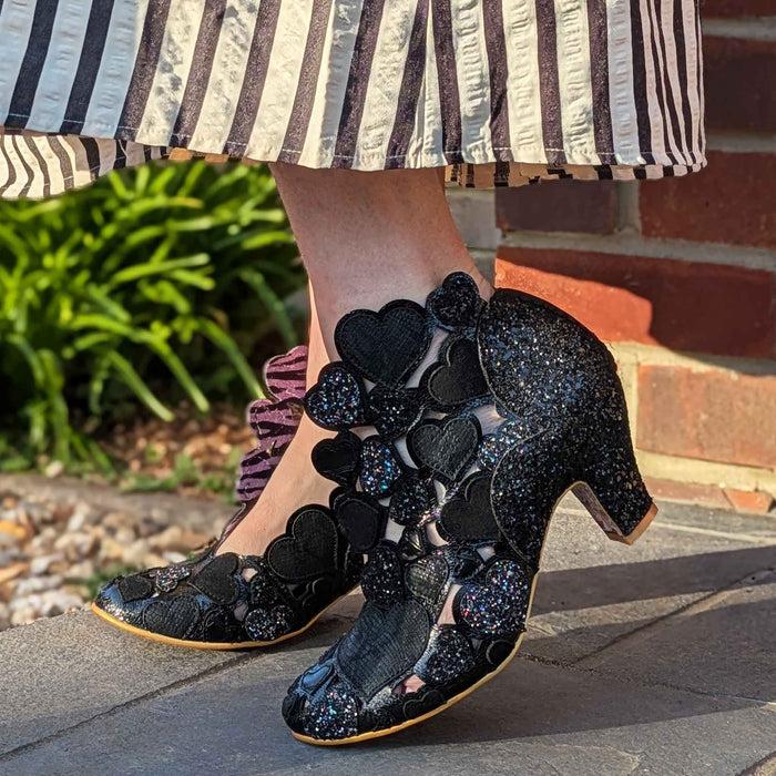 Irregular Choice Black Glitter Heart Cut Out Slip On Mid Heel Shoes | Meile