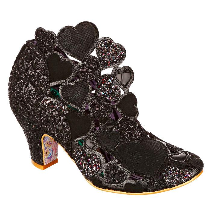 irregular choice Black Glitter Heart Cut Out Slip On Mid Heel Shoes | Meile