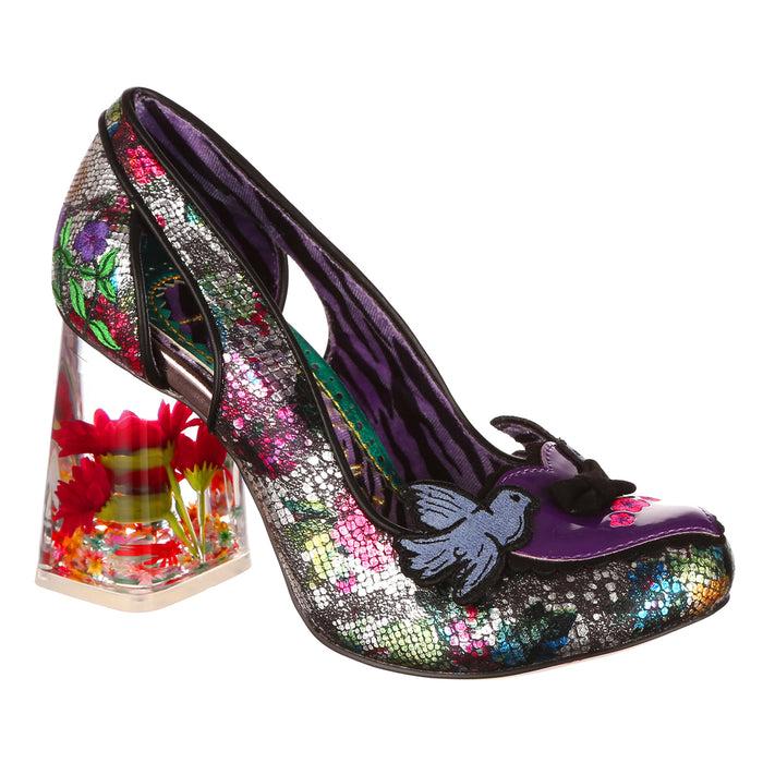 Irregular Choice Black Love Birds Motif Resin Flower Block High Heels | Frosted Finch