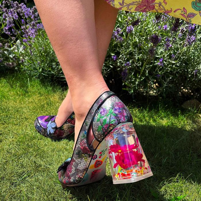 Irregular Choice Black Love Birds Motif Resin Flower Block High Heels | Frosted Finch