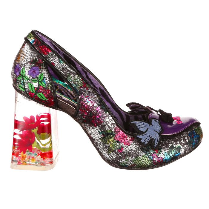 Irregular Choice Black Love Birds Motif Resin Flower Block High Heels | Frosted Finch