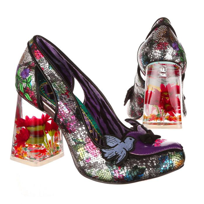 irregular choice Black Love Birds Motif Resin Flower Block High Heels | Frosted Finch