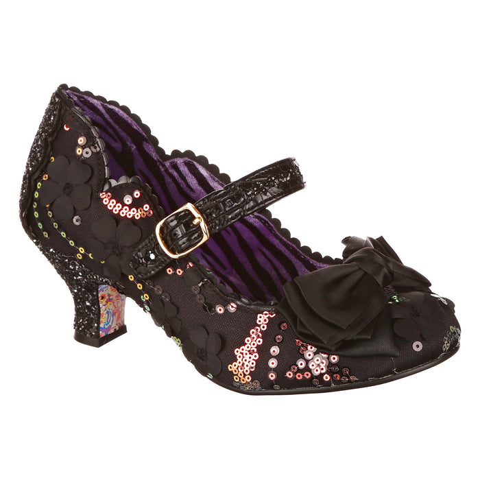 irregular choice Black Ornate Sequin Mary Jane Low Heeled Occasion Shoes | Summer Breeze Wide Fit