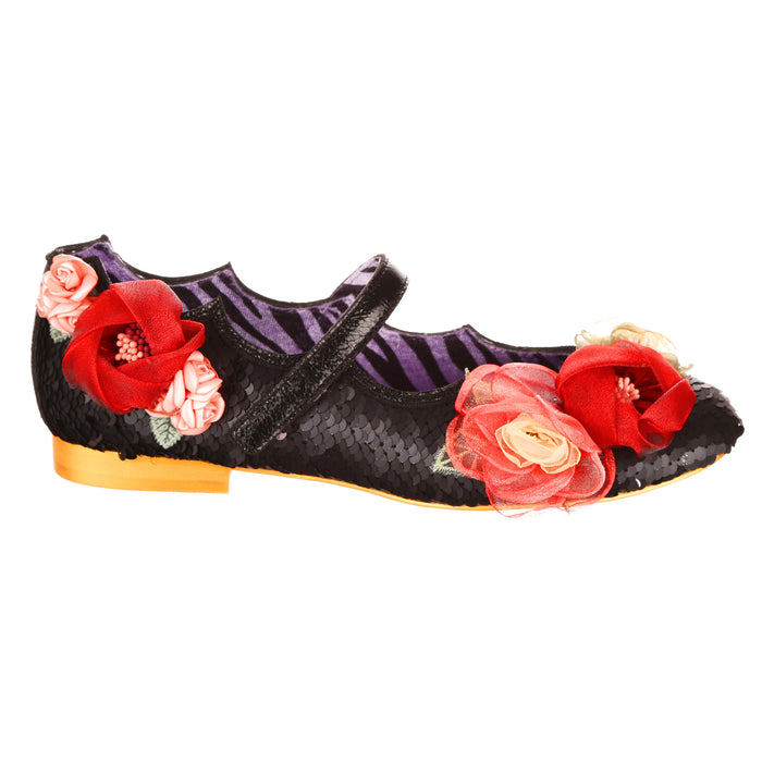 Irregular Choice Black Sequin Floral Mary Jane Flat Ballet Pumps | Rosa Posa