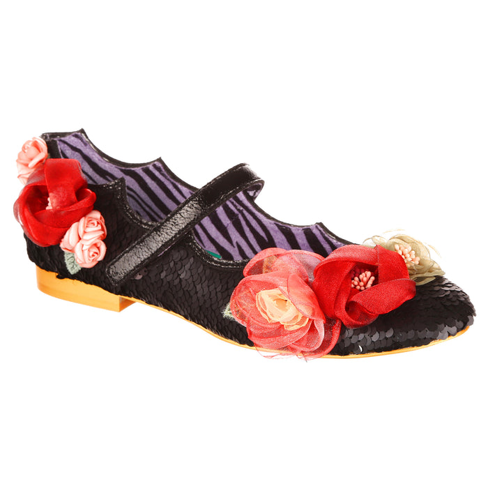 Irregular Choice Black Sequin Floral Mary Jane Flat Ballet Pumps | Rosa Posa
