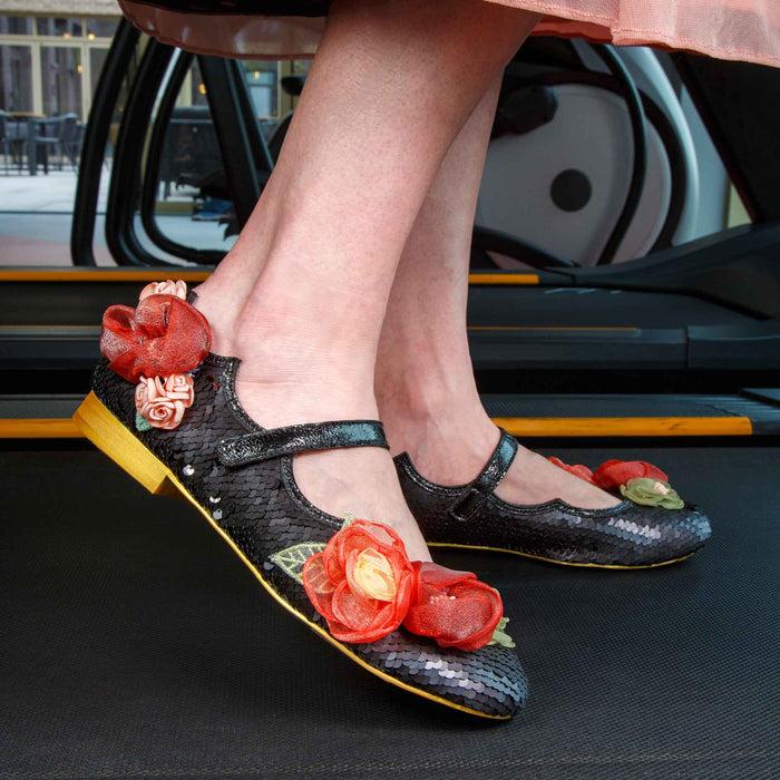 Irregular Choice Black Sequin Floral Mary Jane Flat Ballet Pumps | Rosa Posa
