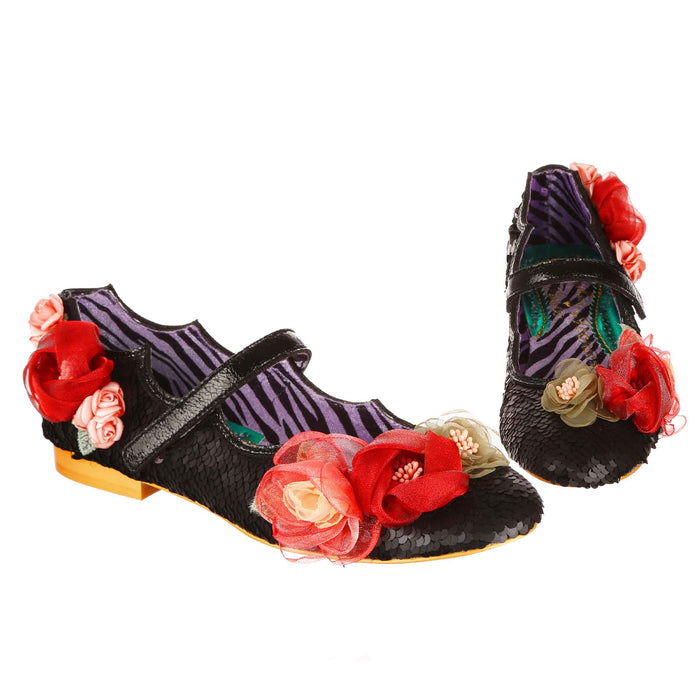 irregular choice Black Sequin Floral Mary Jane Flat Ballet Pumps | Rosa Posa
