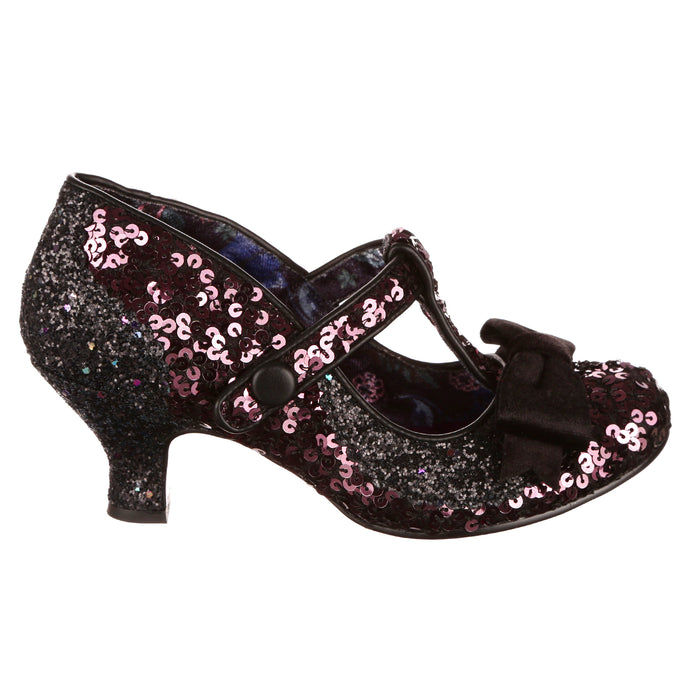 Irregular Choice Black Sequin Glitter T-Bar Mid Heel Shoes | Eccentric Evening | Irregular Choice