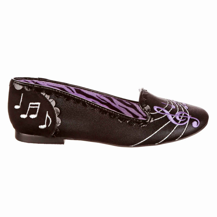 Irregular Choice Black Slip On Ballet Pumps Musical Notes Print | Smooth Jazz