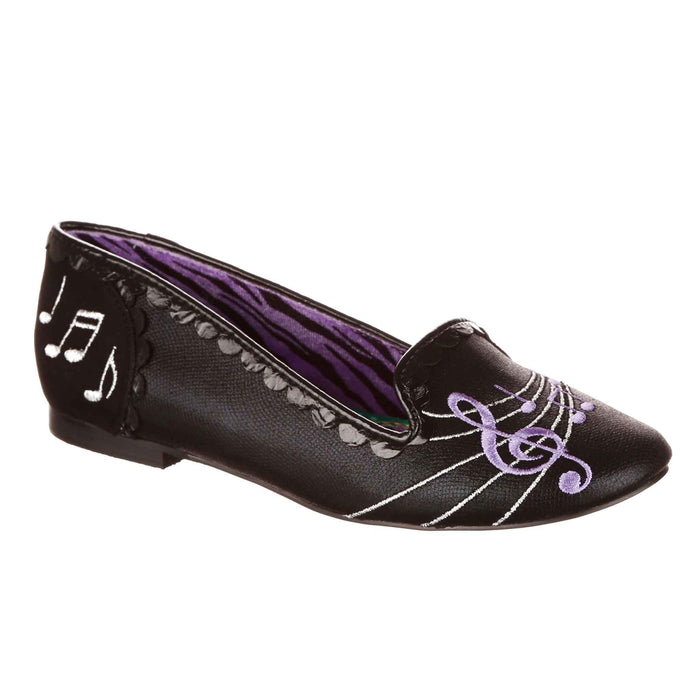 Irregular Choice Black Slip On Ballet Pumps Musical Notes Print | Smooth Jazz