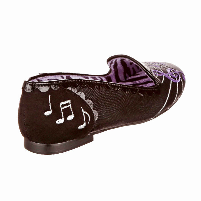 Irregular Choice Black Slip On Ballet Pumps Musical Notes Print | Smooth Jazz