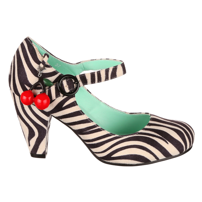 Irregular Choice Black & White Zebra Print Mary Jane 50s High Heels | Cherry Champ