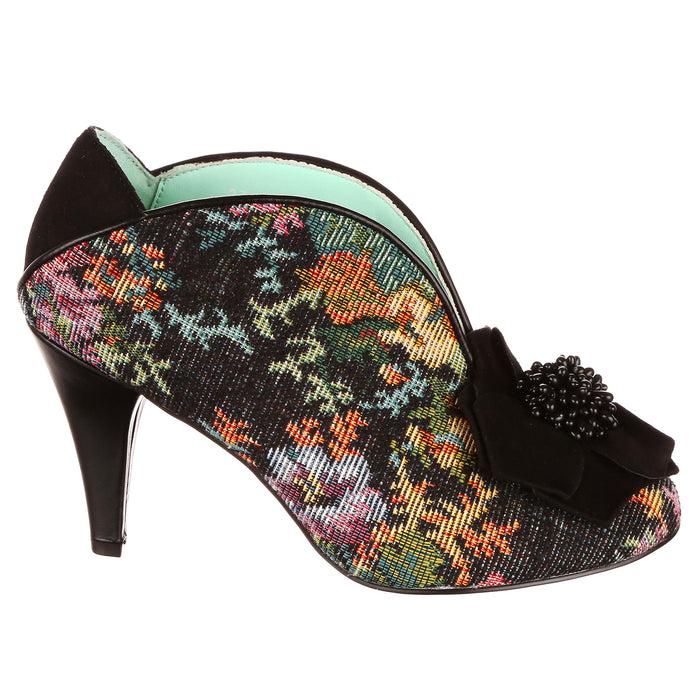 Irregular Choice Dark Floral Tapestry Black Slip On High Heel Shoes | Moonlit Serenade