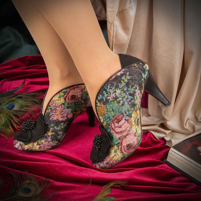 Irregular Choice Dark Floral Tapestry Black Slip On High Heel Shoes | Moonlit Serenade
