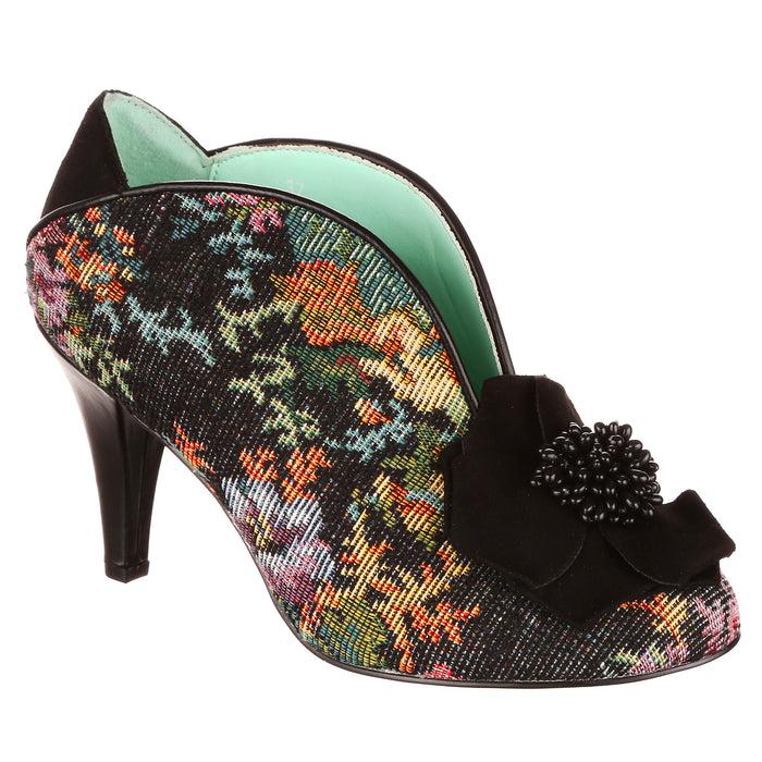 irregular choice Dark Floral Tapestry Black Slip On High Heel Shoes | Moonlit Serenade