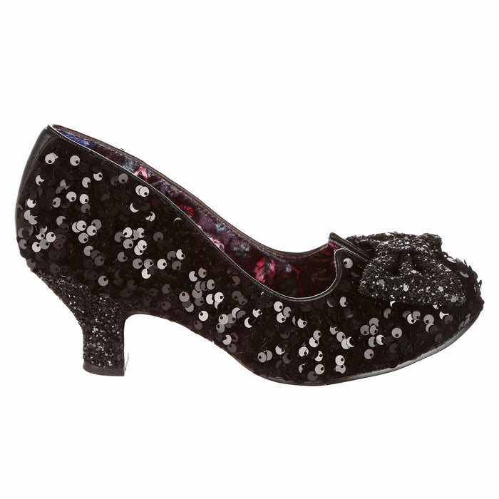 Irregular Choice Dazzling Diva | Black Sequin Low Mid Heel Slip On Shoes | Irregular Choice