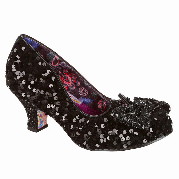 irregular choice Dazzling Diva | Black Sequin Low Mid Heel Slip On Shoes | Irregular Choice
