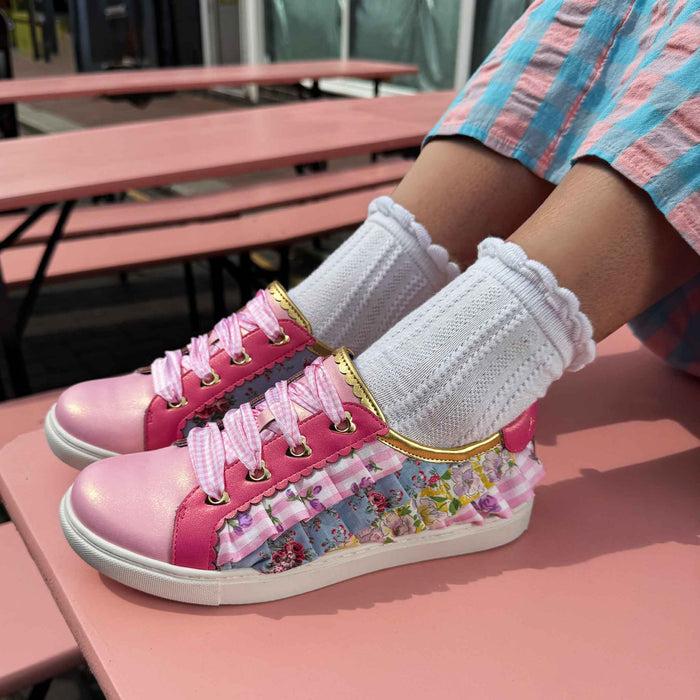 Irregular Choice Frilly Casual Floral Cottagecore Trainers | Hot Like Honey