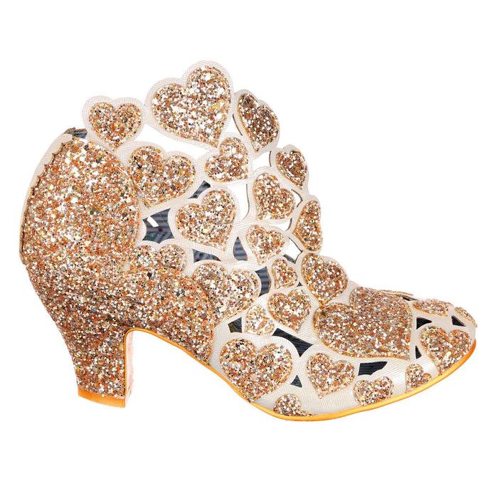Irregular Choice Gold Glitter Heart Cut Out Bridal Mid Heel Shoes | Meile