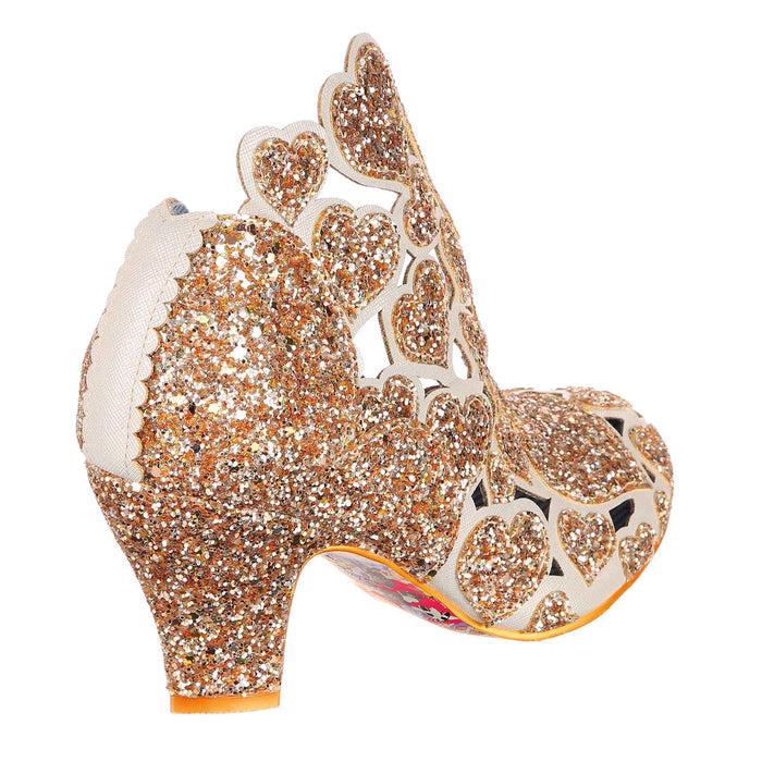 Irregular Choice Gold Glitter Heart Cut Out Bridal Mid Heel Shoes | Meile