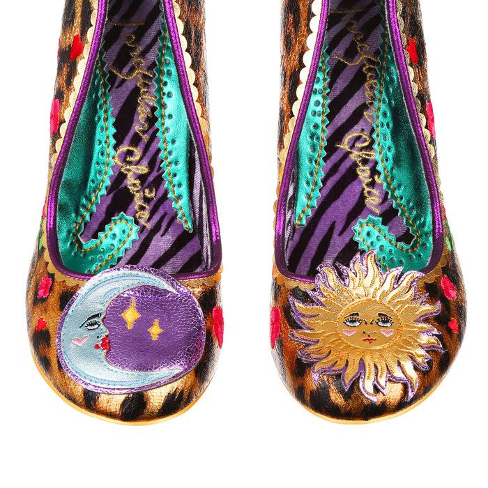 Irregular Choice Gold Leopard Print High Heels Sun Moon Motif | Celestial Rose