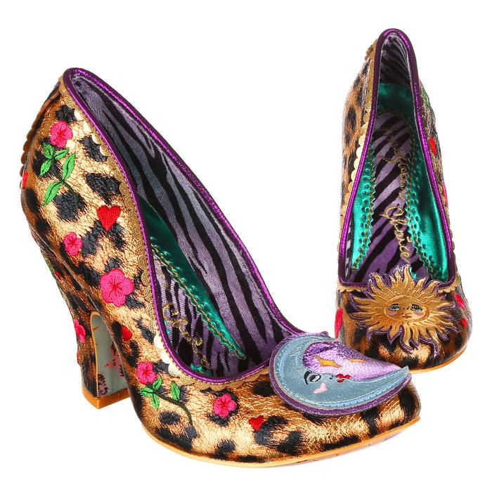 irregular choice Gold Leopard Print High Heels Sun Moon Motif | Celestial Rose