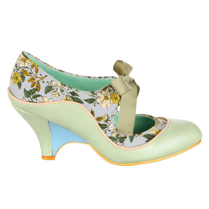 Irregular Choice Green Floral Mary Jane Heeled Slim Wedge Shoes | Looking Lovely
