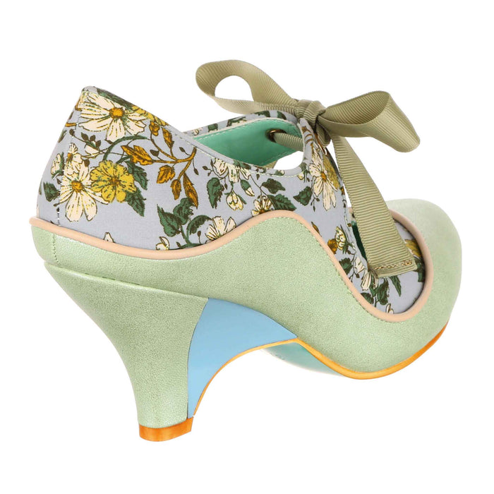 Irregular Choice Green Floral Mary Jane Heeled Slim Wedge Shoes | Looking Lovely