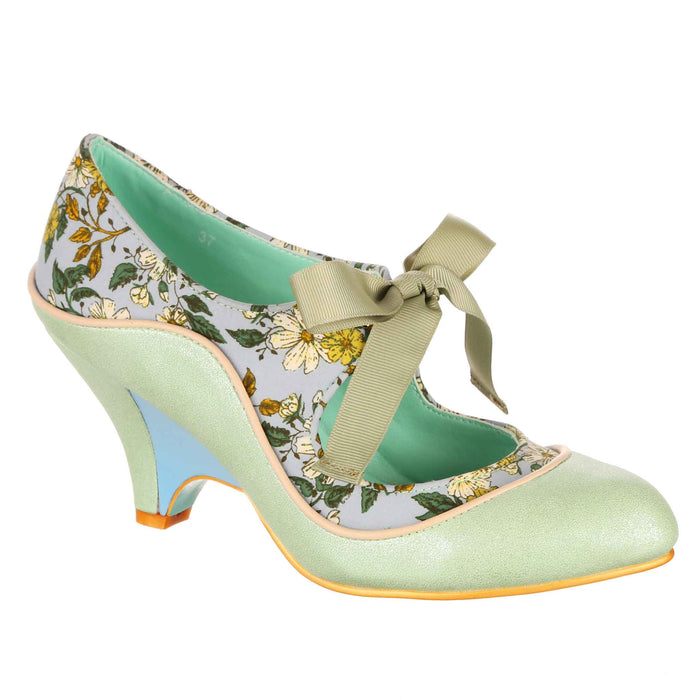 irregular choice Green Floral Mary Jane Heeled Slim Wedge Shoes | Looking Lovely