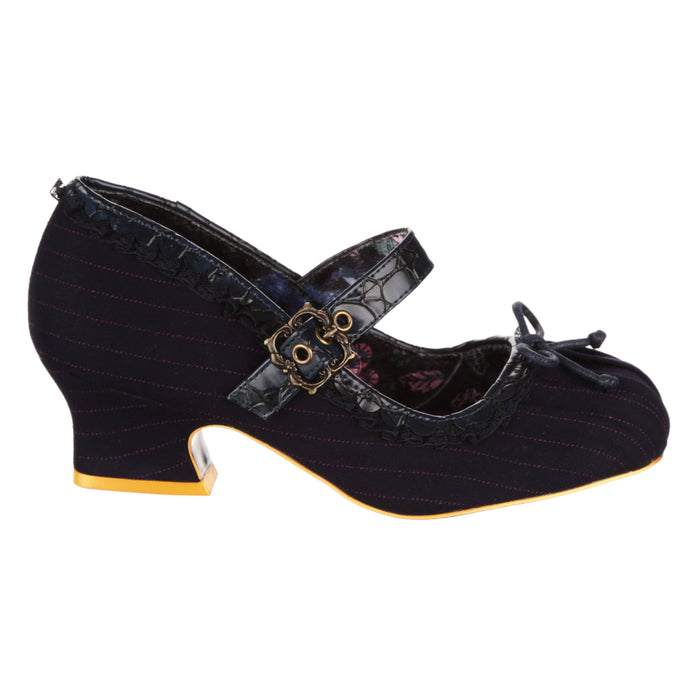 Irregular Choice Irregular Choice 90s Square Toe Mary Jane Mid Heel Womens Shoes In Navy Pinstripe Fabric | Flutter Free