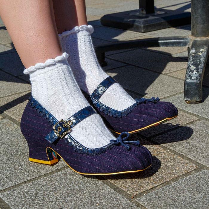 Irregular Choice Irregular Choice 90s Square Toe Mary Jane Mid Heel Womens Shoes In Navy Pinstripe Fabric | Flutter Free