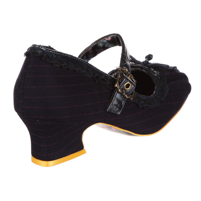 Irregular Choice Irregular Choice 90s Square Toe Mary Jane Mid Heel Womens Shoes In Navy Pinstripe Fabric | Flutter Free