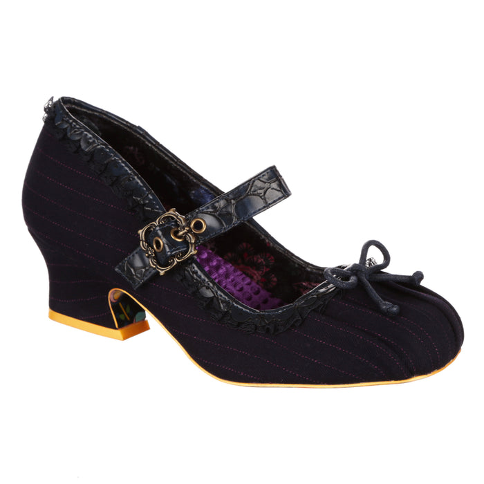 irregular choice Irregular Choice 90s Square Toe Mary Jane Mid Heel Womens Shoes in Navy Pinstripe Fabric | Flutter Free