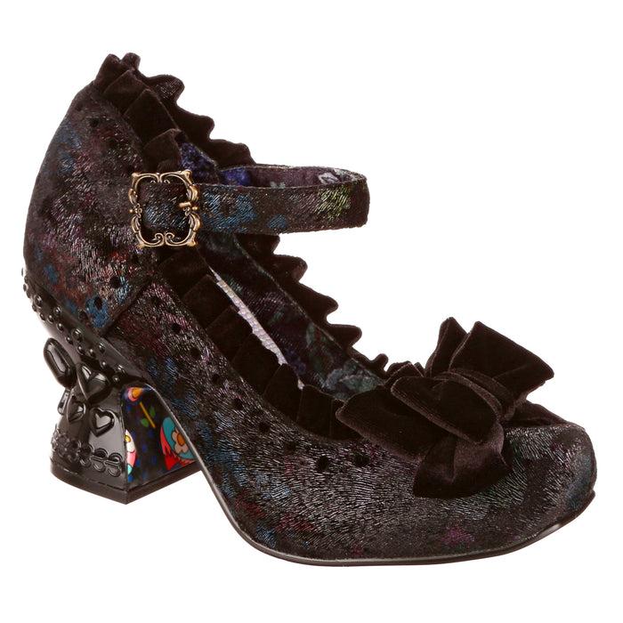 irregular choice Irregular Choice Black Baroque Gothic Mid Heel Shoes With Buckle Fastened Ankle Strap | Ruff Em Up