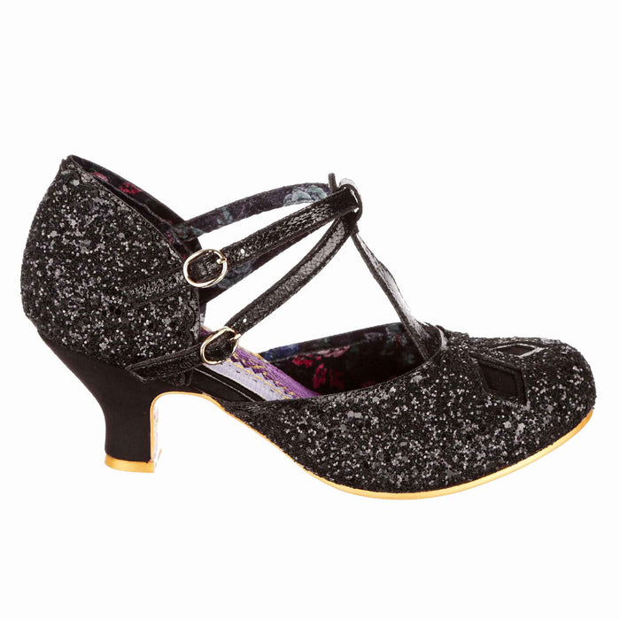 Irregular Choice Irregular Choice Black Glitter Mid Heel Vintage Style Double Strap Buckle Fastening | Golden Age