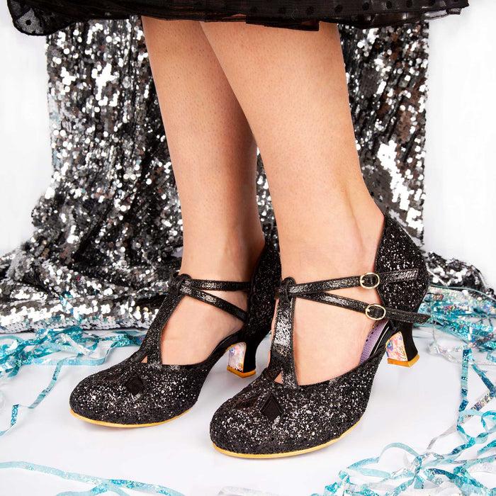 Irregular Choice Irregular Choice Black Glitter Mid Heel Vintage Style Double Strap Buckle Fastening | Golden Age