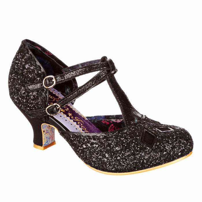 irregular choice Irregular Choice Black Glitter Mid Heel Vintage Style Double Strap Buckle Fastening | Golden Age