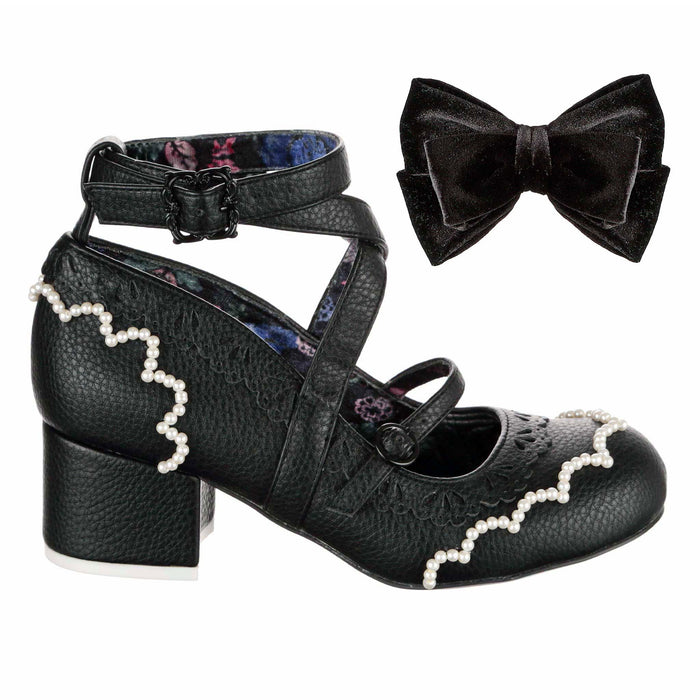 Irregular Choice Irregular Choice Black Gothic Lolita Style Cross Strap Block Mid Heel Shoes | Winter Lace