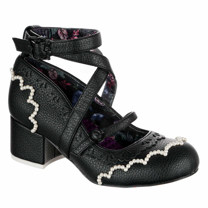 Irregular Choice Irregular Choice Black Gothic Lolita Style Cross Strap Block Mid Heel Shoes | Winter Lace