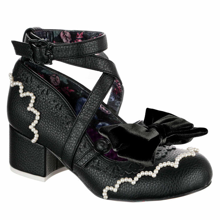 irregular choice Irregular Choice Black Gothic Lolita Style Cross Strap Block Mid Heel Shoes | Winter Lace