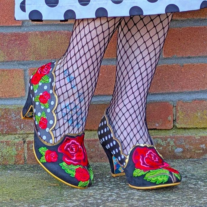 irregular Choice Irregular Choice Black Occasion Wear Red Floral Embroidery Mother Of The Bride Mid Heel Shoes | Rose To The Occasion