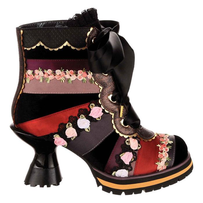Irregular Choice Irregular Choice Black Patchwork Ribbon Lace Up Ankle Boots With Mid Heels | Pretty Patchwork