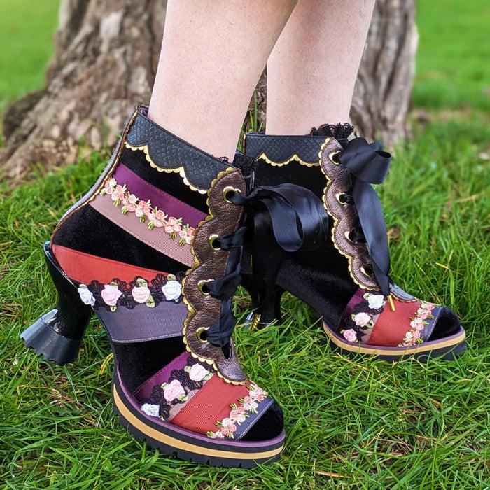 Irregular Choice Irregular Choice Black Patchwork Ribbon Lace Up Ankle Boots With Mid Heels | Pretty Patchwork