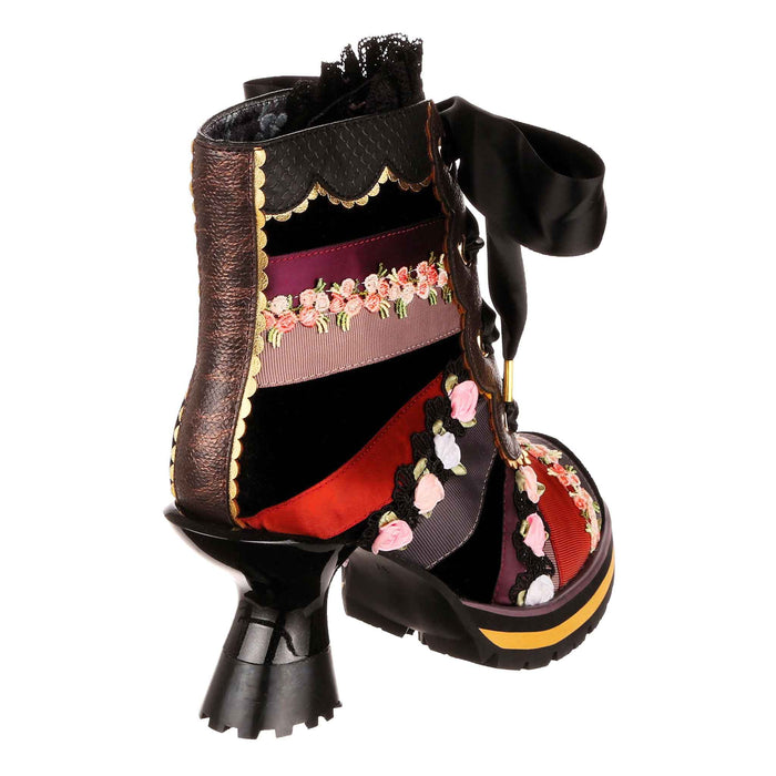 Irregular Choice Irregular Choice Black Patchwork Ribbon Lace Up Ankle Boots With Mid Heels | Pretty Patchwork