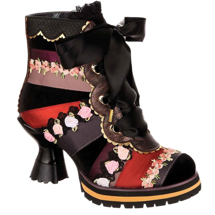 irregular choice Irregular Choice Black Patchwork Ribbon Lace Up Ankle Boots With Mid Heels | Pretty Patchwork