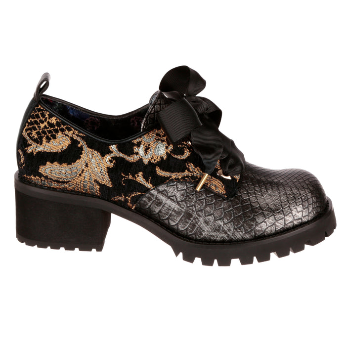 Irregular Choice Irregular Choice Black Silver Round Toe Lace Up Mid Heel Shoes | On Your Mind