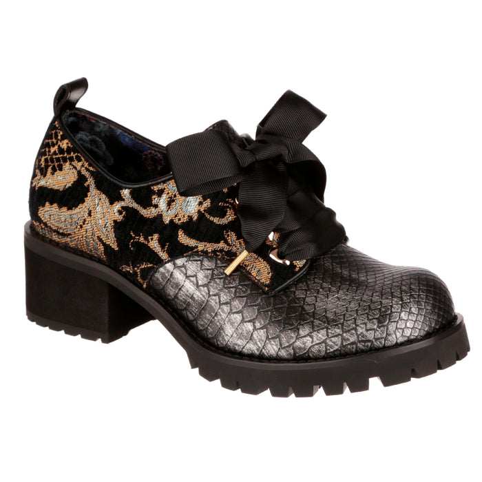 irregular choice Irregular Choice Black Silver Round Toe Lace Up Mid Heel Shoes | On Your Mind