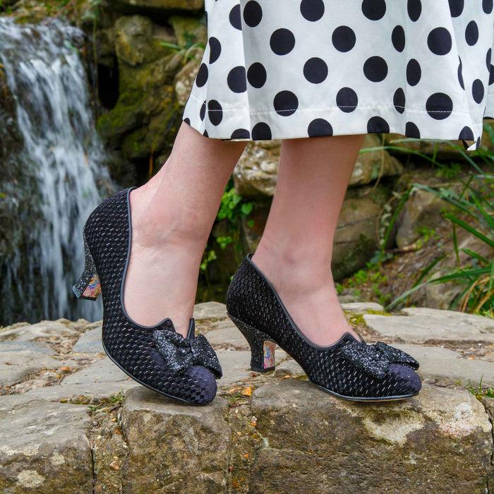 Irregular Choice Irregular Choice Black Velvet Glitter Bow Mid Heel Shoes | Dazzling Diva
