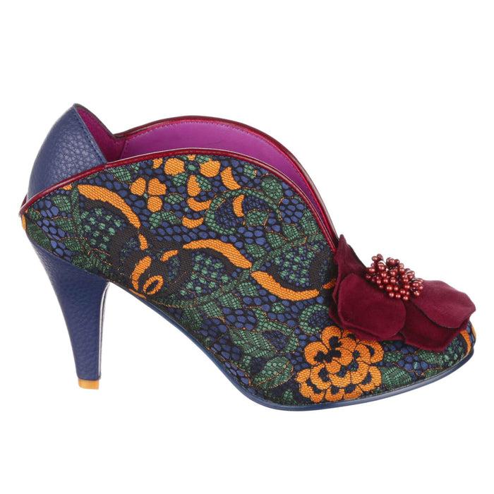 Irregular Choice Irregular Choice Blue Multi Lace Slip On High Heel Shoes With Floral Decoration | Moonlit Serenade